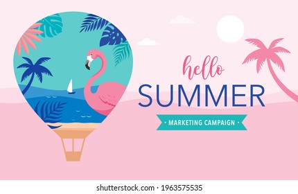 Summer time fun concept design. Creative background of landscape, panorama of sea and beach on air balloon. Summer sale, post template