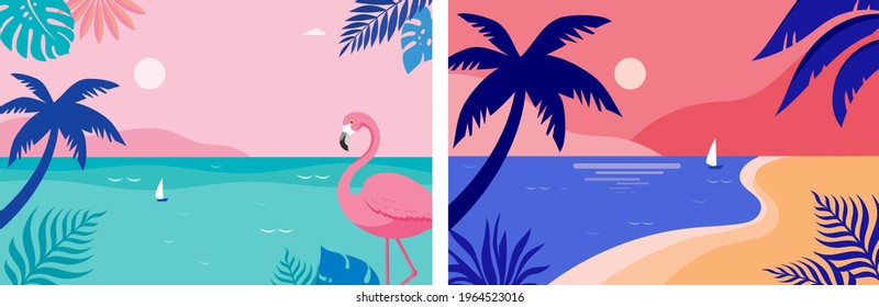 Summer time fun concept design. Creative background of landscape, panorama of sea and beach. Summer sale, post template - Shutterstock ID 1964523016