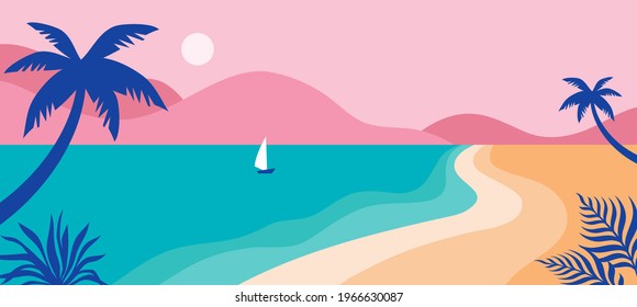 Summer time fun concept design. Creative background of landscape, panorama of sea and beach on air balloon. Summer sale, post template