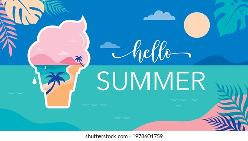 Summer time fun concept design. Creative background of landscape, panorama of sea and beach on ice cream. Summer sale, post template