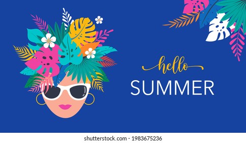Summer time fun concept design. Creative background woman's head, jungle leaves and toucan. Summer sale, post template