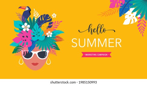 Summer time fun concept design. Creative background woman's head, jungle leaves and toucan. Summer sale, post template