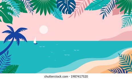 Summer time fun concept design. Creative background of landscape, sunny panorama of sea and summer beach. Summer sale, post template