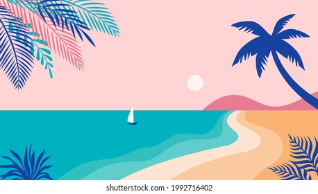 Summer time fun concept design. Creative background of landscape, sunny panorama of sea and summer beach. Summer sale, post template