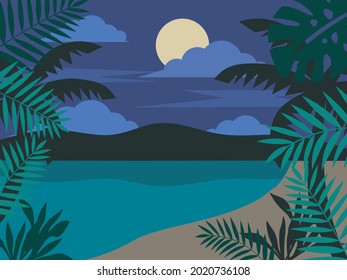 Diseño de concepto divertido en verano. Entorno creativo de paisajes panorámicos de mar y playa en verano en las noches trópicas de luna.
