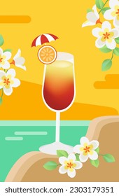 Summer time fun concept design with cocktails. Summer landscape, panorama of sea and beach. Summer sale, post template.