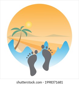 Summer time for fun and trip adventure near beach. Looking sunset time on happy fun vacation. Vector illustration on colorful tropical ocean sunset and beautiful background