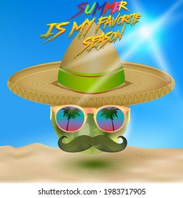 Summer time of funny attractive watermelon in stylish sunglasses, mexican sombrero on summer beach background. Idea foods and drinks that are typically enjoyed at summer festivals. Vector design