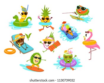 summer time funny tropical fruits , flamingo , ice cream cartoon characters chilling on the beach pool vacation  set