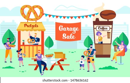 Summer Time Garage Sale, People Buying Pretzels and Coffee in Kiosk, Happy Family Spend Time on Weekend Selling Old Things Outdoors on Fair Event, Relax, Vacation. Cartoon Flat Vector Illustration