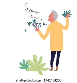 
Hora de verano. Hombre mayor jardinero con impermeable amarillo y secadores corta las hojas. Ilustración de dibujos animados, viento, aislado en un fondo blanco.