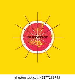 Summer time geometric typographical grunge style design with citrus slice. Retro vector illustration.