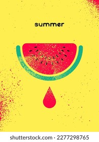 Summer time geometric typographical grunge style poster or emblem design with stylized slice of watermelon. Retro vector illustration.