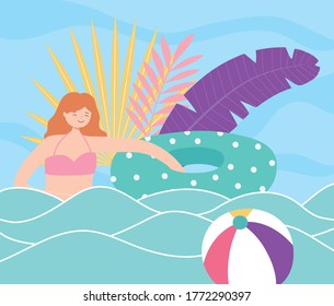 summer time girl with float in sea with ball beach vacation tourism vector illustration