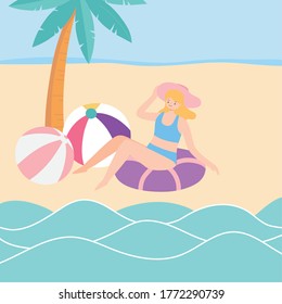 summer time girl with hat float and balls in beach vacation tourist vector illustration