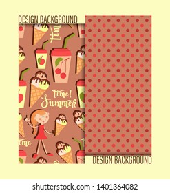 Summer time. Girl with ice cream, juice and polka dot background. Set of two seamless patterns for menus of restaurants and cafes, shops, design of children's textiles and packaging materials.