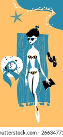 Summer time. Girl sunbathing on a beach. Retro style. Vector illustration.