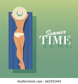 Summer Time. Girl sunbathing on a float in the water. Vector Illustration