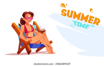 Summer time with girl and text vector template design. Summer time greeting text with girl on chaise longue, abstraction on white background. Vector illustration summer time backgr