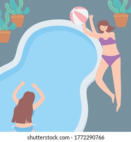 summer time girls playing with beach ball in pool vacation tourism vector illustration