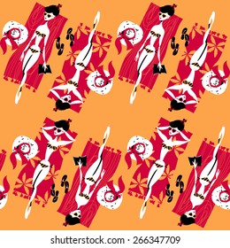 Summer time. Girls sunbathing on a beach. Retro style. Seamless background pattern. Vector illustration