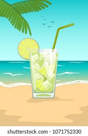 Summer time. Glass of caipirinha cocktail on summer sea beach. Vector illustration 