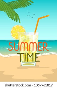 Summer time. Glass of lemonade cocktail on summer sea beach. Vector illustration 