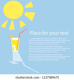 Summer time. A glass of lemonade cocktail, juice, soda with straw. The concept of rest. Vector illustration with space for text.