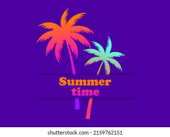 Summer time  Gradient palm trees silhouette  Two palm trees in 80s style purple background  Design for advertising brochures  banners   travel agencies  Vector illustration