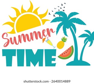 Summer Time Graphic with Sun, Palms, and Fruits Isolated on White