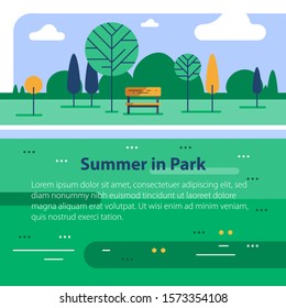 Summer time in green park, small bench and tree at river bank, calm weather, beautiful view, vector flat design illustration