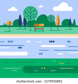 Summer time in green park, small bench and tree at river bank, calm weather, beautiful view, vector flat design illustration