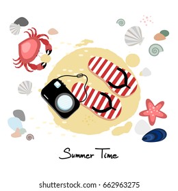 Summer time greeting card, invitation, beach background,crab, shell, starfish, camera and sandals. Vector illustration background.