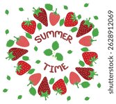 Summer time greeting card in a red strawberry circle on a white background 