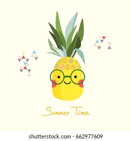 Summer time greeting card with tropical fruit,  pineapple face with glasses, boho style. Vector illustration