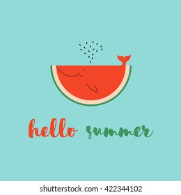 summer time greeting cards template with watermelon slice. Cartoon watermelon, look like whale can be used like greeting cards or party invitations.