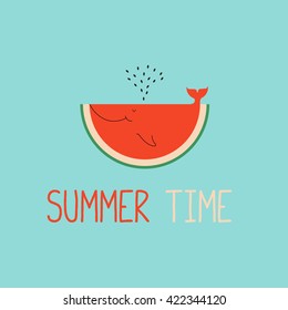 summer time greeting cards template with watermelon slice. Cartoon watermelon, look like whale can be used like greeting cards or party invitations.