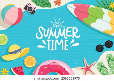 Summer time greeting clipart design. Summer beach colorful elements like surfboard, beachball, floater and starfish clip art in seashore background vector illustration. 