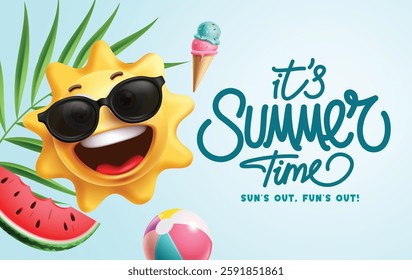 Summer time greeting clipart design. Sun character clip art wearing sunglasses for hot tropical beach vacation background vector illustration.  
