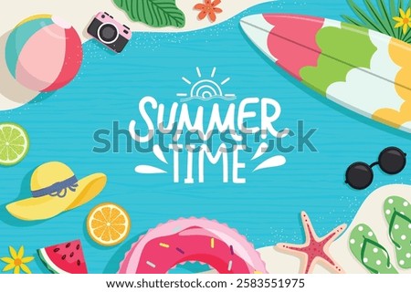 Summer time greeting clipart design. Summer beach colorful elements like surfboard, beachball, floater and starfish clip art in seashore background vector illustration. 