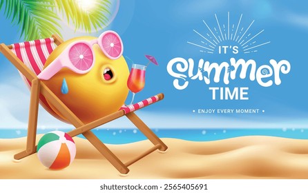 Summer time greeting emoji clipart background design. It's summer time text with cute emoji character sitting on beach chair wearing pink sunglasses in tropical background. Vector illustration holiday