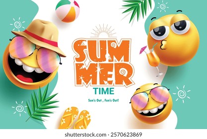 Summer time greeting emoji clipart template. Summer time text with emojis characters wearing hat and sunglasses for sunny day tropical abstract background. Vector illustration holiday season emoticon 