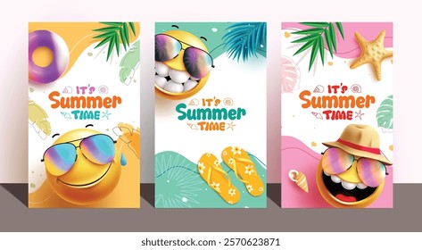 It's summer time greeting emoji clipart poster set. Summer text with emoji characters in cool and cute smiling faces in colorful abstract background for tropical season. Vector illustration summer 