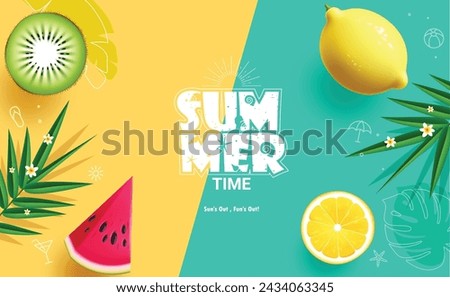 Summer time greeting text vector template. Summer time greeting with slice kiwi, watermelon and lemon for tropical season fruits elements in yellow and green background. Vector illustration summer 