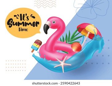 It's summer time greeting vector background design with summer elements decoration in Blue abstract background. Vector illustration.