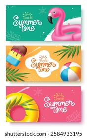 Summer time greeting vector banner design. Summer time greeting text with colorful floaters, Popsicle and palm leaves decoration elements. Vector illustration summer seasonal collection