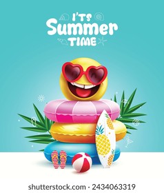 Diseño de vector de saludo de verano. Texto de verano con emoji sonriendo usando gafas de sol y flotadores de playa para el concepto de temporada tropical. Ilustración vectorial de verano de diseño de saludo. 
