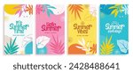 Summer time greeting vector poster set. Summer hello greeting text with colorful leaves tropical elements decoration for seasonal flyers tags collection. Vector illustration summertime holiday