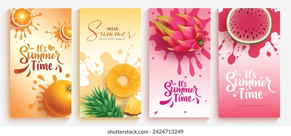 Sommerzeit Gruß Vektor Poster Set. Es ist Sommerzeit Grußtext mit tropischen Früchten Dekorelemente für saisonales Layout-Kollektion-Design. Vektor-Illustration Sommer Gruß Postkarte. 
