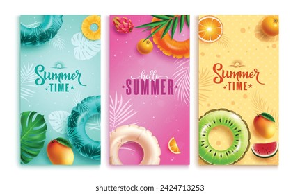 Summer time greeting vector poster set. Summer hello greeting collection with floaters, fruits and leaf decoration elements for tropical season postcard lay out design. Vector illustration summer time